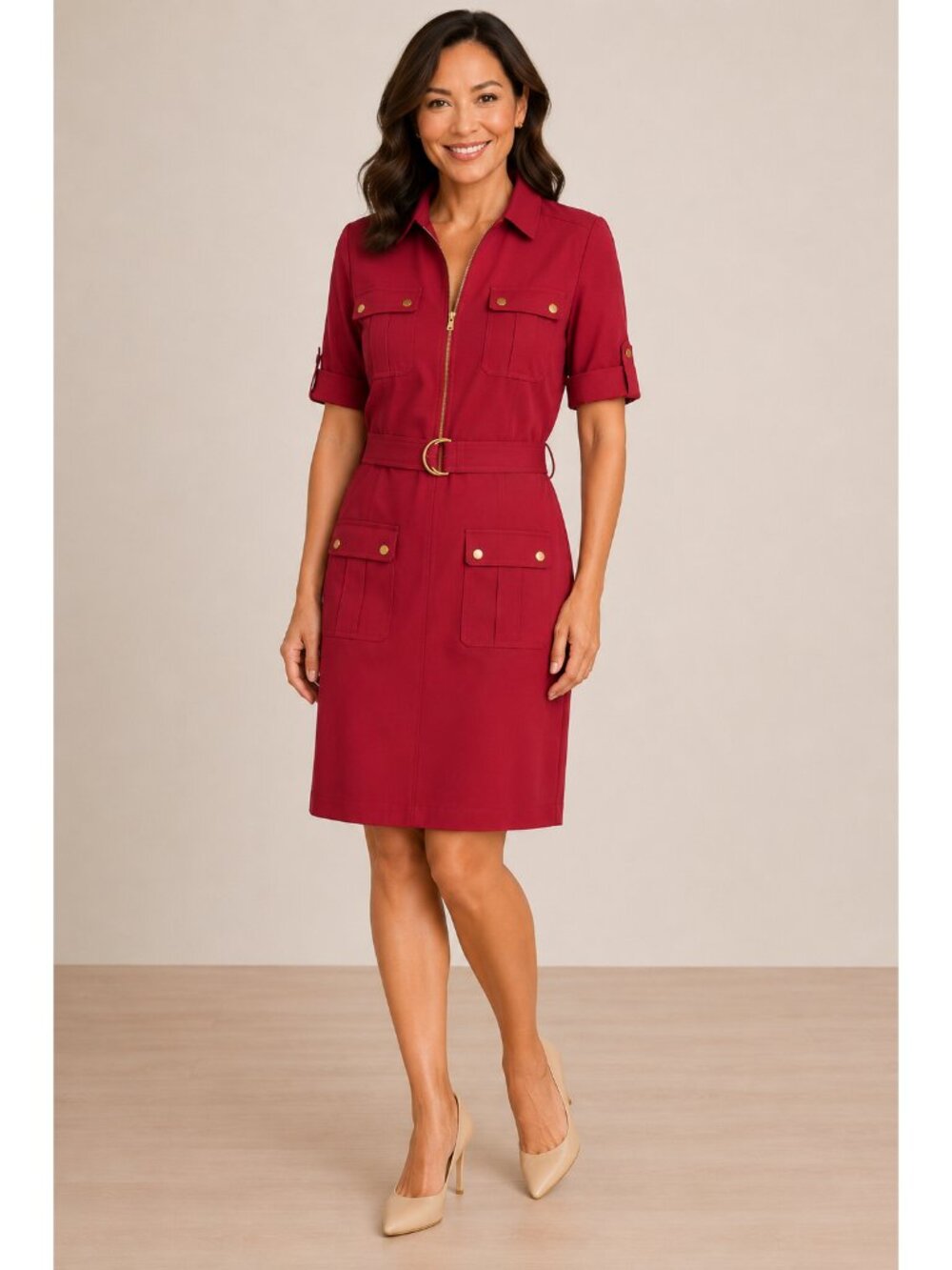 Sharagano Cargo-Pocket Belted Shirt Dress